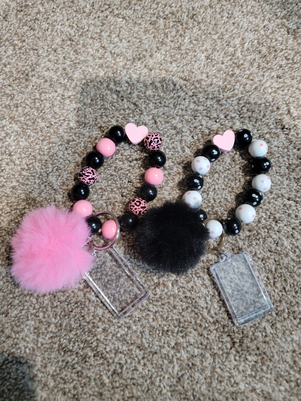 Kids Pink and Black Beaded Pom-Pom Keychain Bracelet